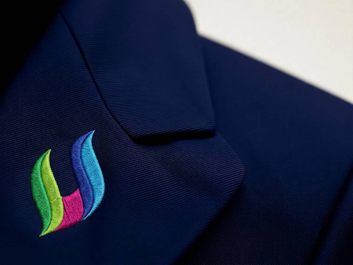 Gold-thread crest embroidery on navy uniform lapel