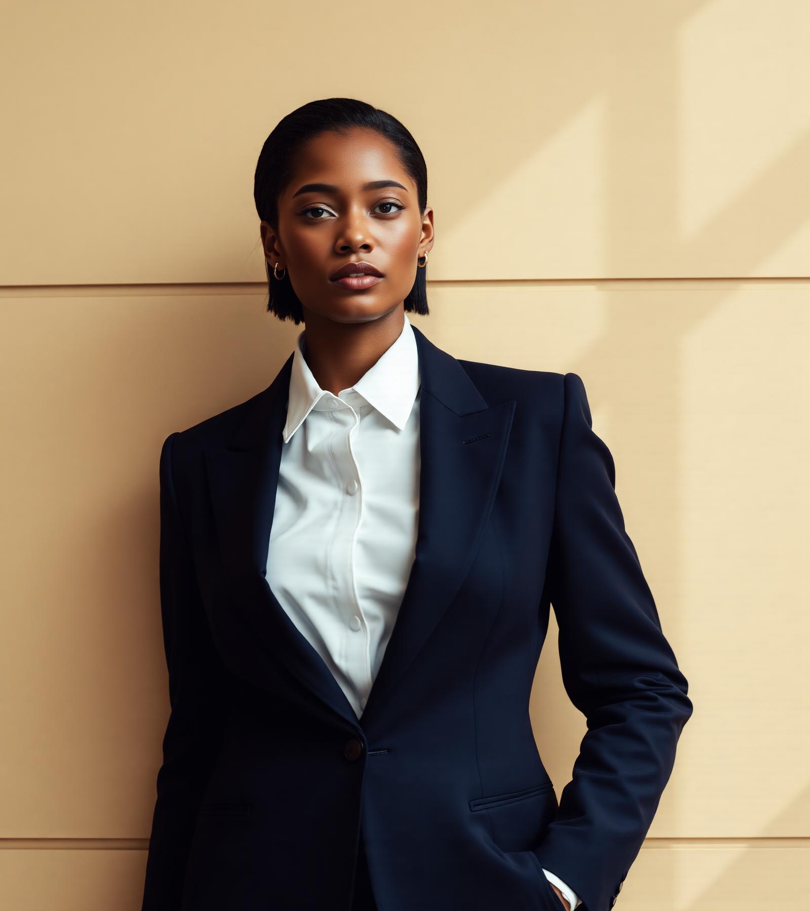 Model wearing a premium navy corporate uniform blazer
